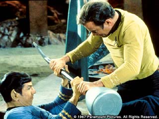 Spock and Kirk fight for a lirpa